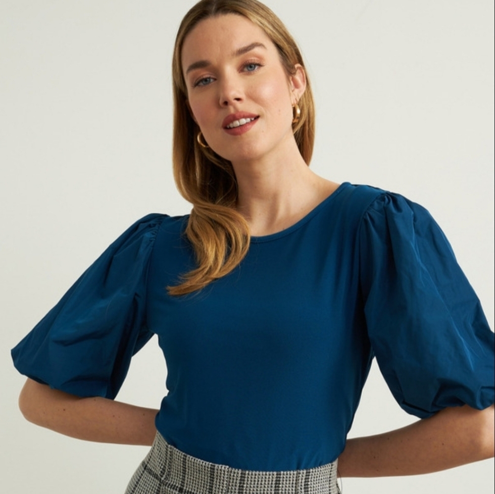 Joseph Ribkoff Puff Sleeve Deep Teal Blue Top Shirt $139 XS 2